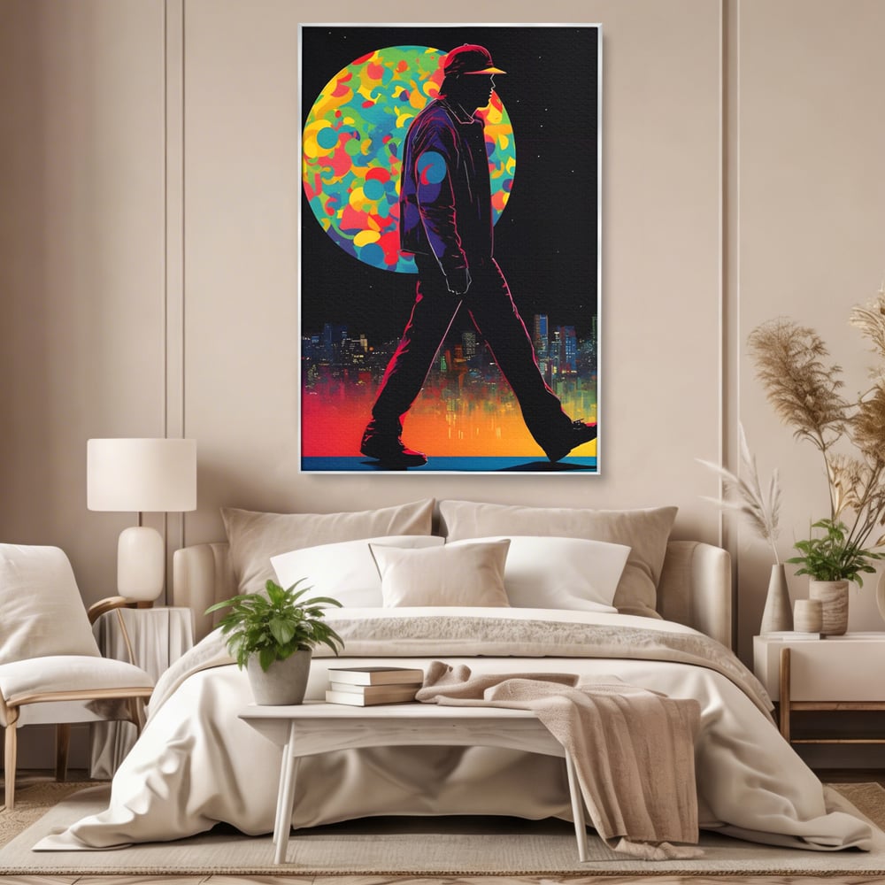Tablou canvas cu tablou vertical cu silueta de barbat si oras, in rama de aluminiu argintiu, pe perete intr-un dormitor